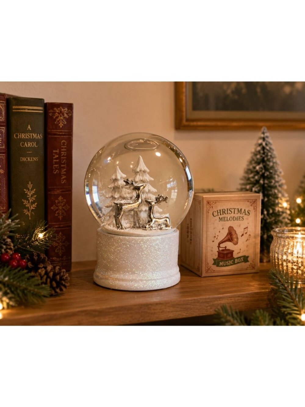 Musical Snow Globe Silver Reindeer White Trees We Wish You a Merry Christmas 7"